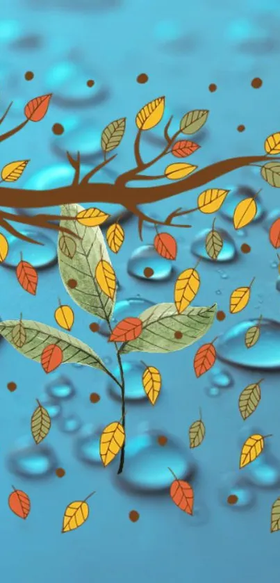 Mobile wallpaper with autumn leaves on a blue background.