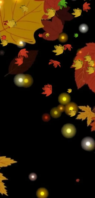 Colorful autumn leaves with glowing orbs on a dark background.