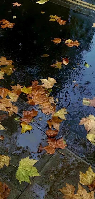 Colorful autumn leaves scattered on a rain-soaked pavement.
