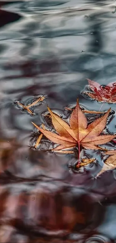 Autumn leaves floating on reflective water with brown and orange hues.