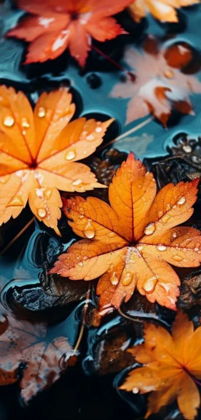 Vibrant orange autumn leaves floating on water.