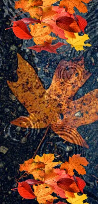 Orange autumn leaves on rain-soaked pavement with ripples.