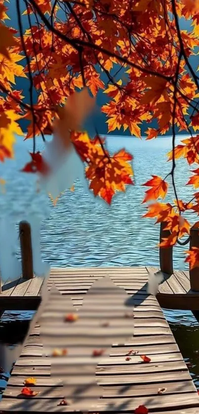 Wooden dock under vibrant autumn leaves by a tranquil lake.