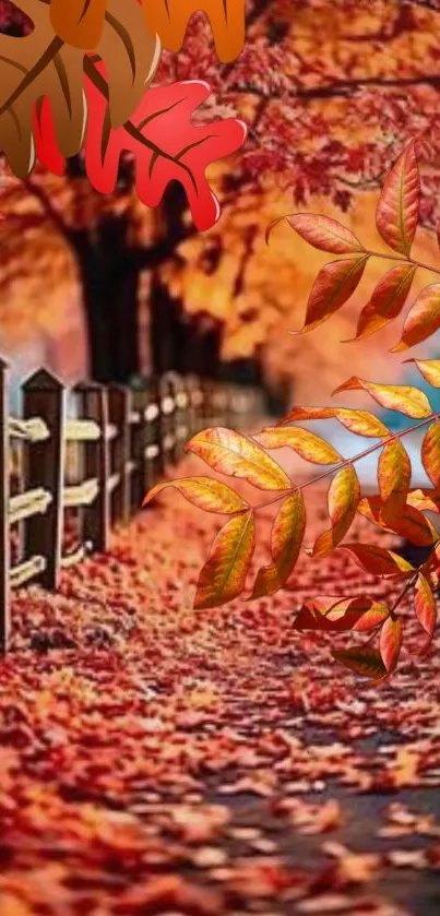 Serene autumn pathway with vibrant leaves and orange foliage.