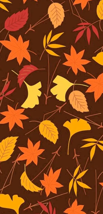 Autumn leaves pattern on brown background with warm orange, yellow hues.