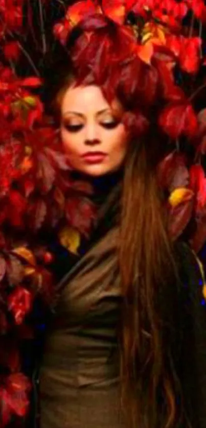 Woman surrounded by crimson autumn leaves.