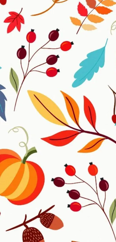 Vibrant autumn-themed wallpaper with leaves and pumpkins.