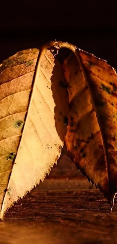 A close-up of autumn leaves with rich brown and golden hues on a wooden surface.