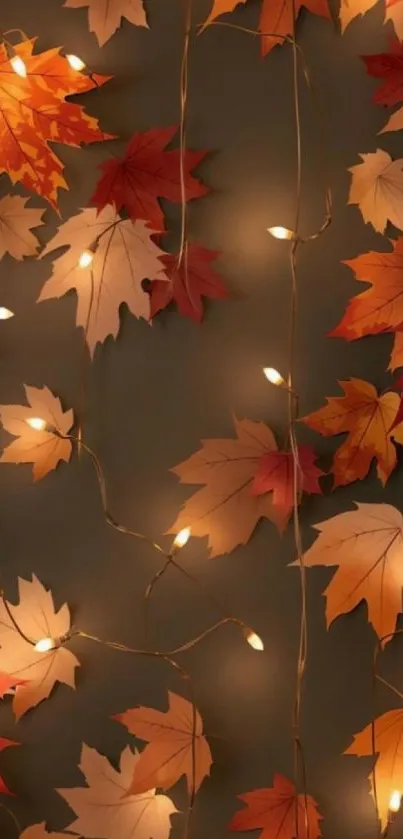 Autumn leaves with fairy lights for a warm mobile wallpaper.