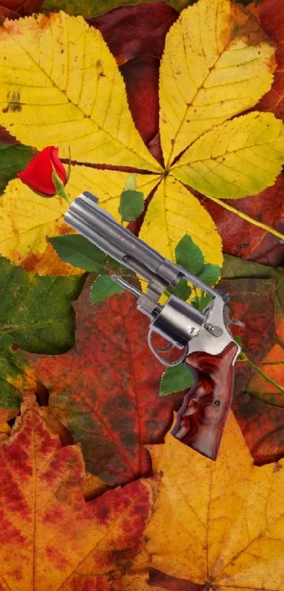 Mobile wallpaper featuring autumn leaves and a revolver artwork.