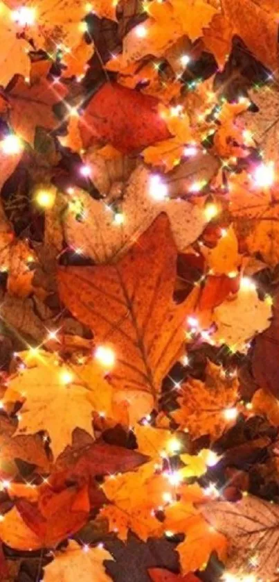 Mobile wallpaper of autumn leaves with sparkling lights in warm colors.