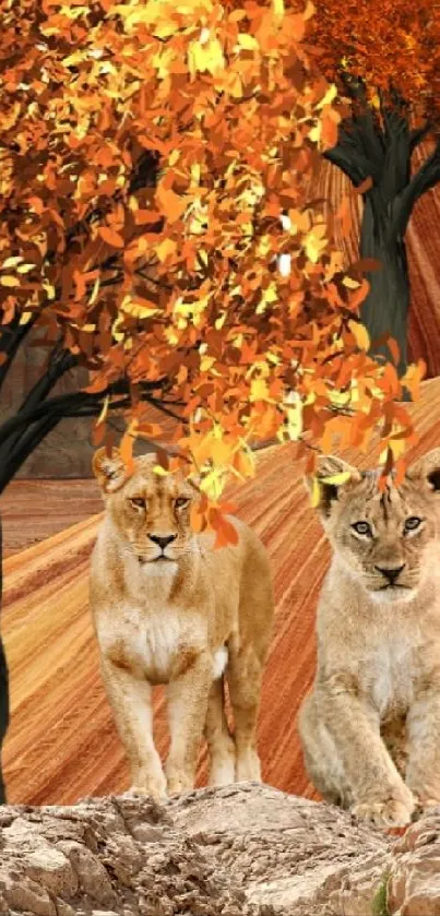 Two lions under vibrant autumn leaves in a nature scene.