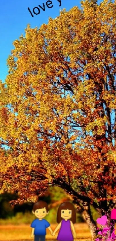 Cartoon couple under autumn tree with love text.