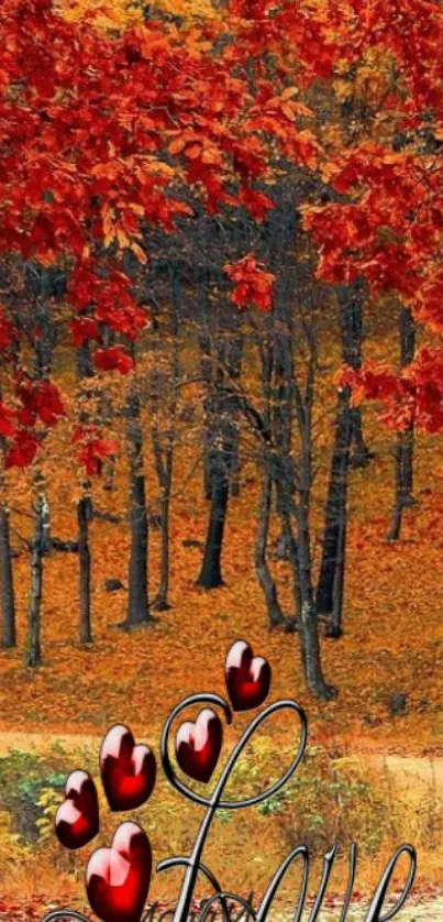 Autumn forest view with red leaves and love hearts.