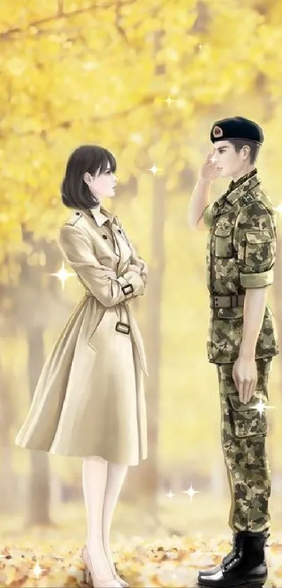 Anime military officer saluting woman in autumn forest wallpaper.