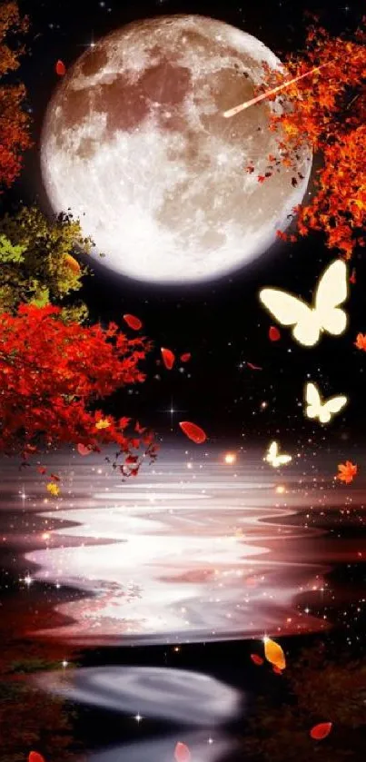 Autumn foliage with moon and butterflies reflecting in water.