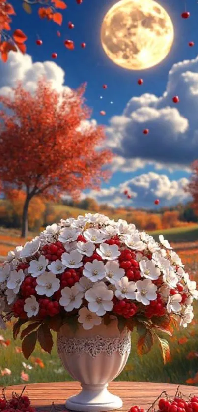 Autumn landscape with flowers under full moon.