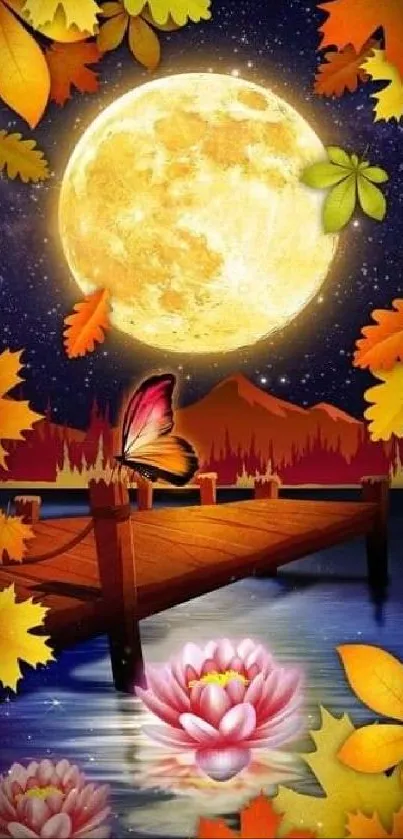 Autumn scene with full moon, lake, and colorful leaves in a serene setting.