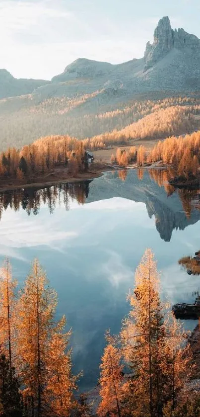 Beautiful autumn mountain lake with forest and reflection.