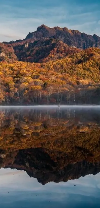 Autumn mountain reflection in calm lake showcasing vibrant fall colors.