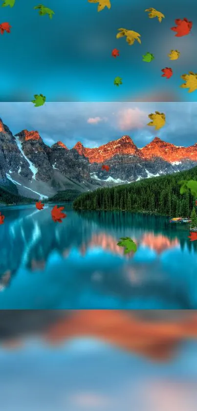 Mobile wallpaper of a mountain lake with autumn leaves and teal reflections.