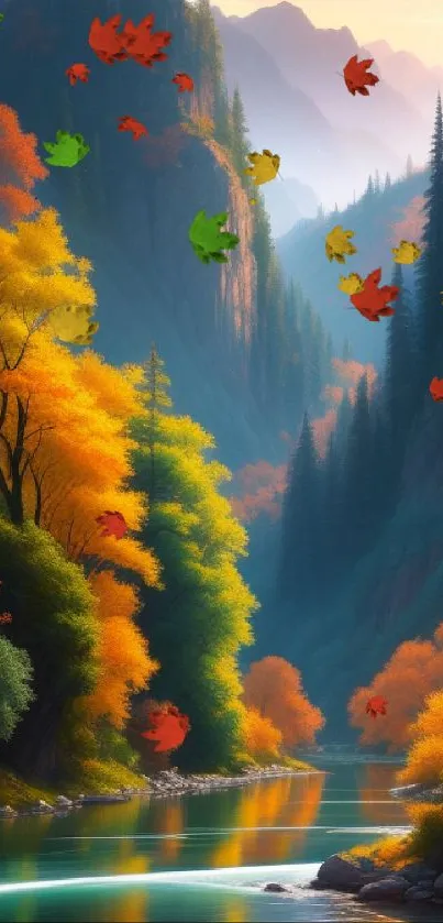 Autumn river in vibrant mountains with colorful foliage.