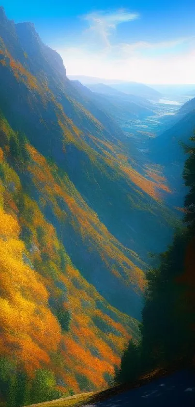 Vibrant autumn mountain valley with golden foliage and a serene sky