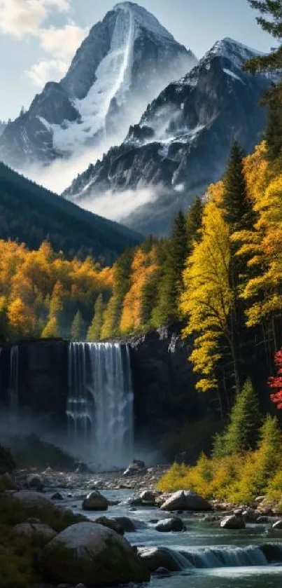 Mountain landscape with waterfall and autumn trees in vibrant colors.