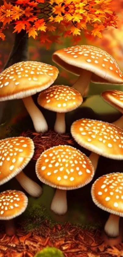 Vibrant orange mushrooms in a colorful autumn forest scene.