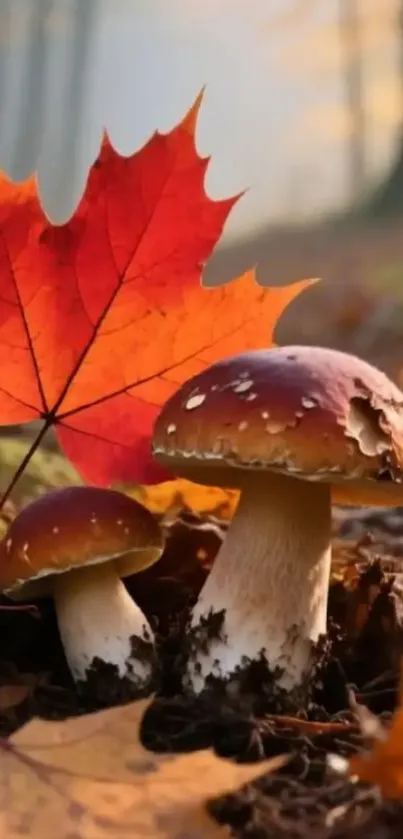 Autumn scene with mushrooms and colorful leaves.