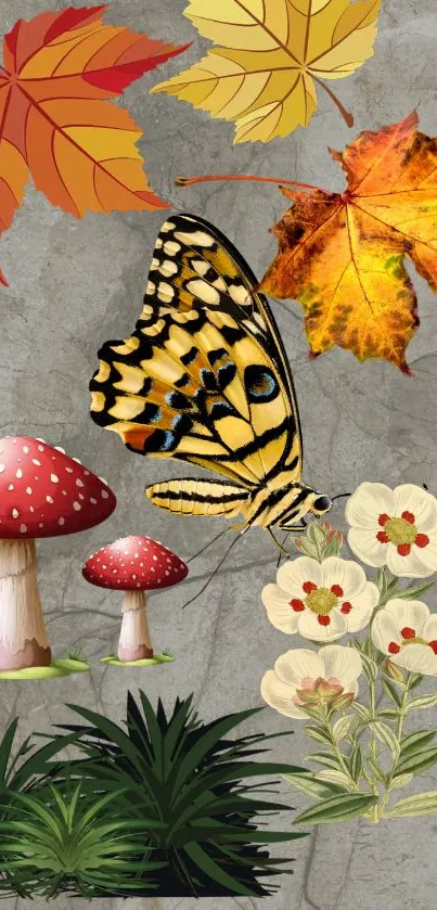 Autumn-themed wallpaper with leaves, butterfly, and mushrooms.