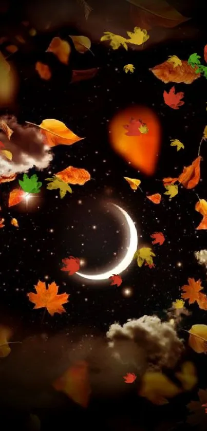 Crescent moon with autumn leaves against a starry night sky.