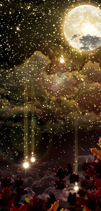 Enchanting night sky with moon and autumn leaves in mobile wallpaper.