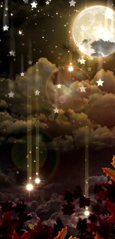 Autumn night with moonlight and stars over vibrant leaves.
