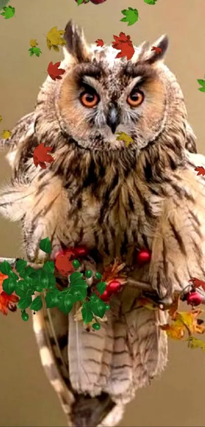 Owl perched on a branch with autumn leaves.