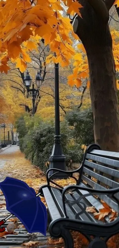 Autumn park scene with bench and umbrella