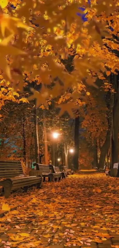 Serene autumn park pathway with orange leaves.