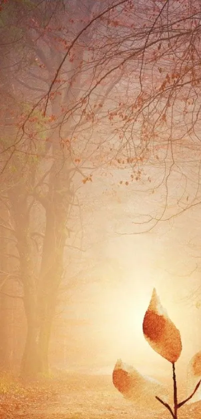 Serene autumn path in a misty forest with glowing light.