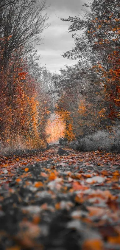 Vibrant autumn forest path with fallen leaves and orange hues.