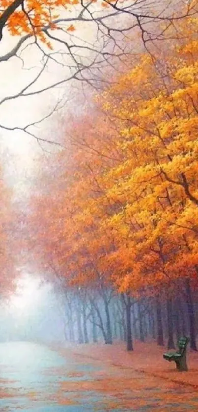 Autumn path with vibrant orange foliage.