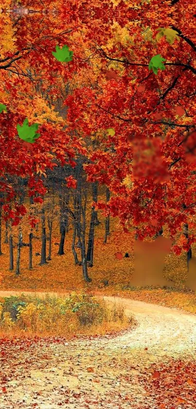 Serene autumn path with red leaves and trees, showcasing vibrant fall colors.