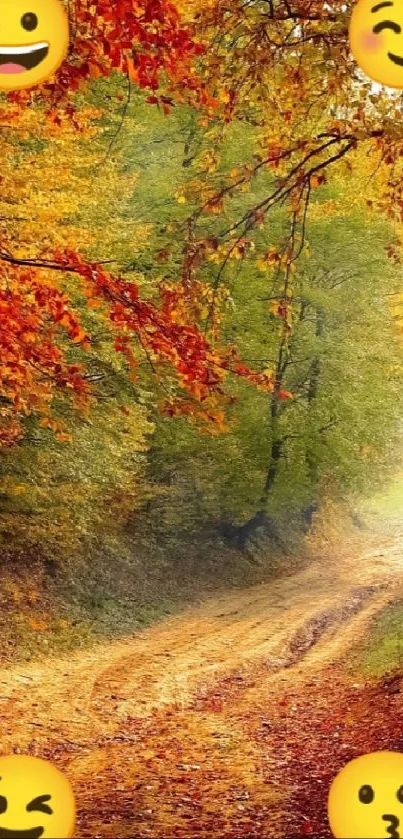 A colorful autumn path adorned with expressive emojis in a forest setting.