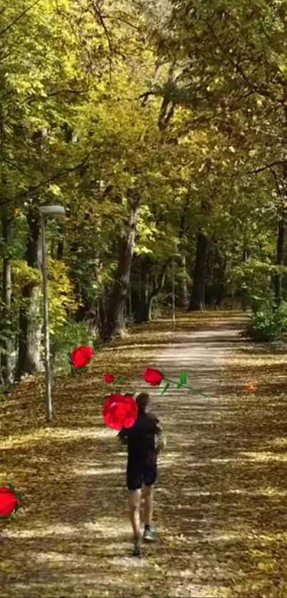 Person running on autumn forest path with red roses.