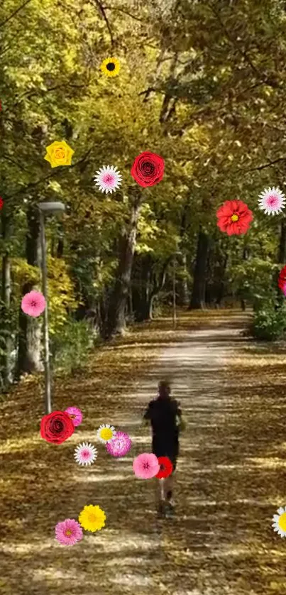 Autumn path with floating colorful flowers and fallen leaves.