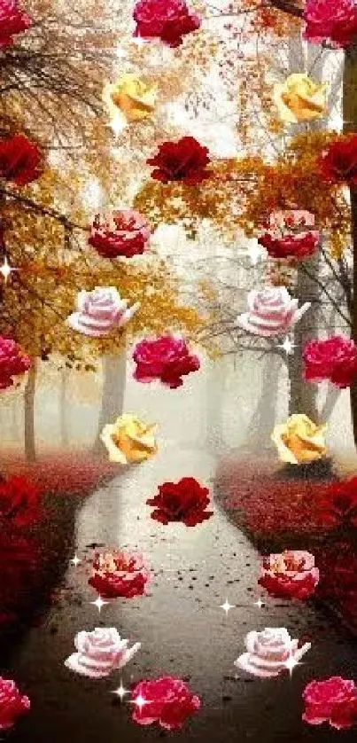 Autumn path with scattered red and yellow roses wallpaper.