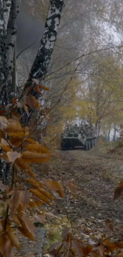 Tank on a forest path surrounded by autumn leaves.