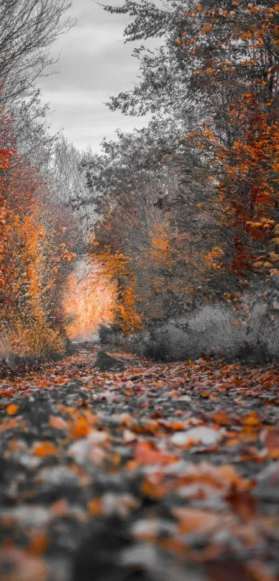 Autumn forest path with orange leaves and trees.