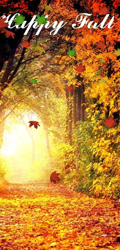 Autumn forest path with vibrant orange leaves under a canopy of trees.