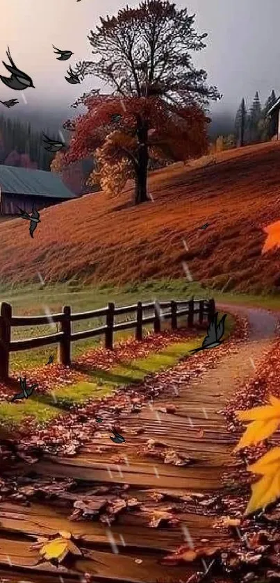 Scenic autumn pathway with colorful leaves and trees on a beautiful fall day.