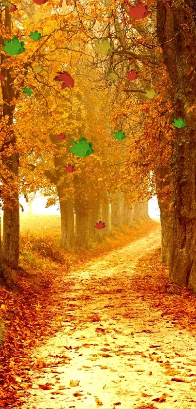 Serene autumn path lined with trees and fallen leaves.